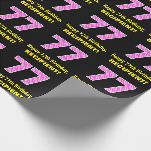 77誕生日：ピンクストライプのハートと「77」 +名前 ラッピングペーパー (角)