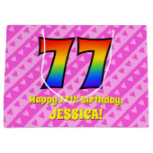 77誕生日:ピンクストライプのハート、レインボー# 77 ラージペーパーバッグ (正面)