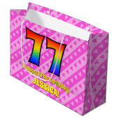 77誕生日:ピンクストライプのハート、レインボー# 77 ラージペーパーバッグ (正面アングル)