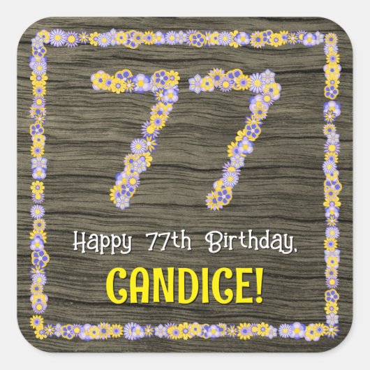 77誕生日:フローラ番号フェイク、木目、名前 スクエアシール (正面)