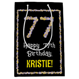 77誕生日:フローラ花数名前をカスタムする ミディアムペーパーバッグ