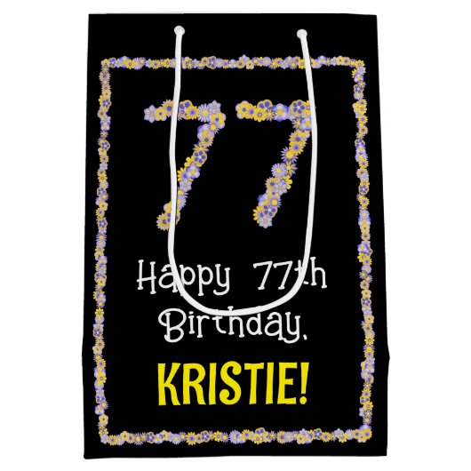 77誕生日:フローラ花数名前をカスタムする ミディアムペーパーバッグ (裏面)