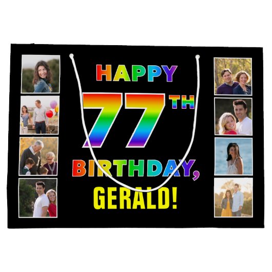77誕生日：レインボー文字カスタム、写真&名前 ラージペーパーバッグ (裏面)