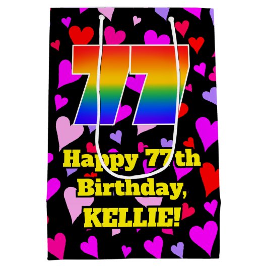 77誕生日：愛するハートパターン、虹# 77 ミディアムペーパーバッグ (裏面)