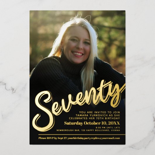 770誕生日カスタムフォトスクリプト金ゴールド 箔招待状 (正面)