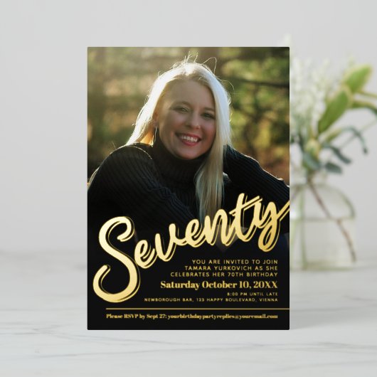 770誕生日カスタムフォトスクリプト金ゴールド 箔招待状 (立ち正面)