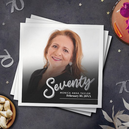 770誕生日フォトカスタムスクリプトシルバー スタンダードカクテルナプキン