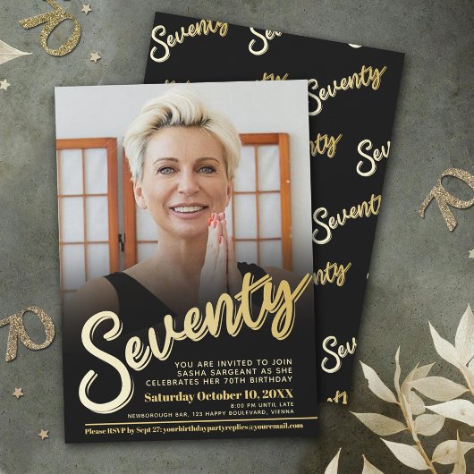 770誕生日フォトスクリプトフラット金ゴールドカラー 招待状