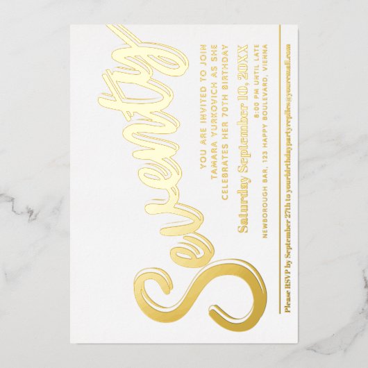 770th誕生日パーティーホワイトと金ゴールドスクリプト 箔招待状 (正面)