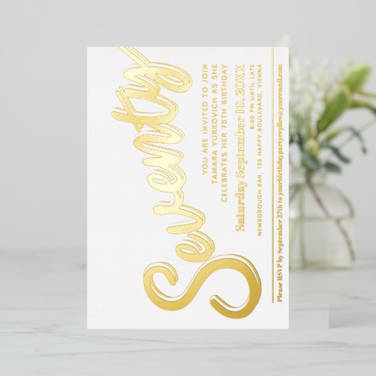 770th誕生日パーティーホワイトと金ゴールドスクリプト 箔招待状 (立ち正面)