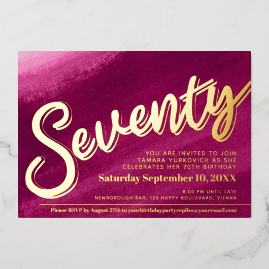 770th誕生日パーティー金ゴールド赤ピンクの洗剤 箔招待状 (正面)