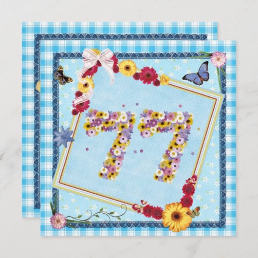 77th誕生日パーティー招待の花、蝶 招待状 (正面/裏面)