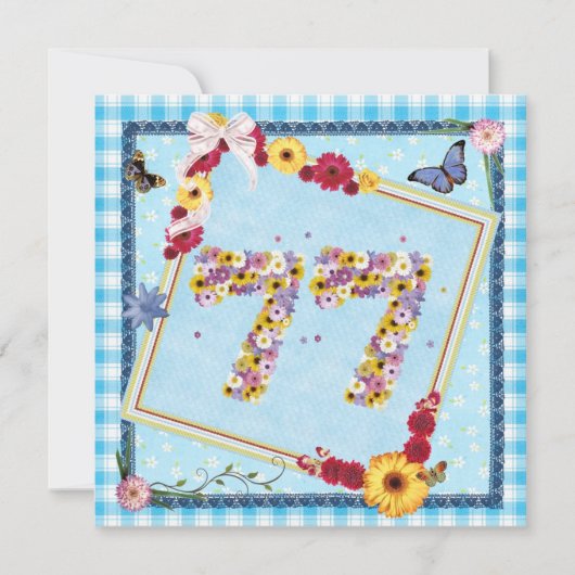 77th誕生日パーティー招待の花、蝶 招待状 (正面)