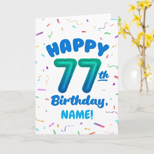 77th Birthday, Balloon Number, Customizable Name カード (黄色い花)