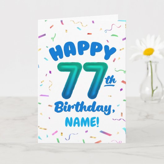 77th Birthday, Balloon Number, Customizable Name カード (小さな植物)