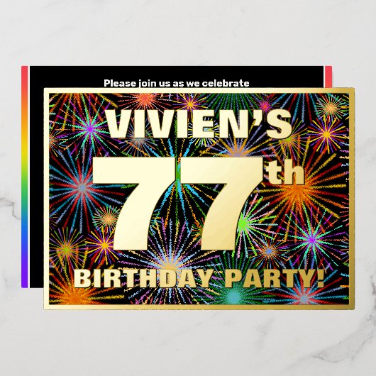 77th Birthday Party —おもしろい、カラフルFireworks Look 箔招待状 (正面/裏面)