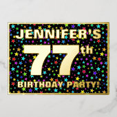 77th Birthday Party —おもしろい、スターカラフルズ・パターン 箔招待状 (正面)