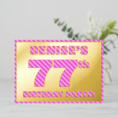77th Birthday Party — はっきりした、おもしろい、ピンクストライプ色77 箔招待状 (立ち正面)