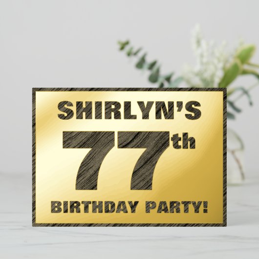 77th Birthday Party — はっきりしたWood Grainフェイク文字 箔招待状 (立ち正面)
