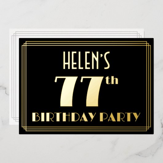 77th Birthday Party:アールデコ「77」、名前つき 箔招待状 (正面/裏面)