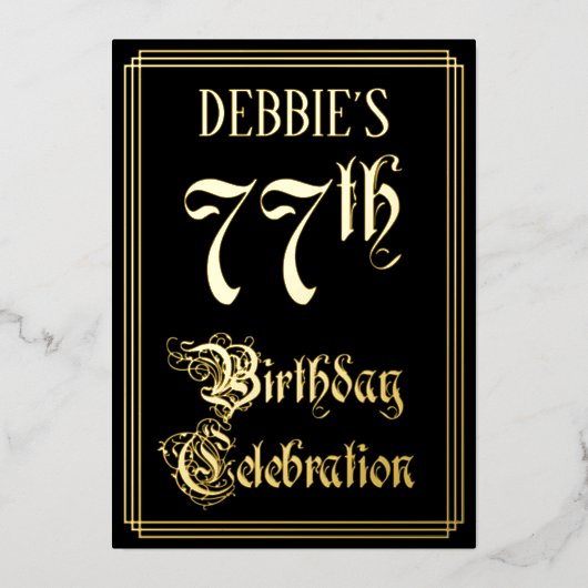 77th Birthday Party – スクリプファンシートと名前をカスタムする 箔招待状 (正面)
