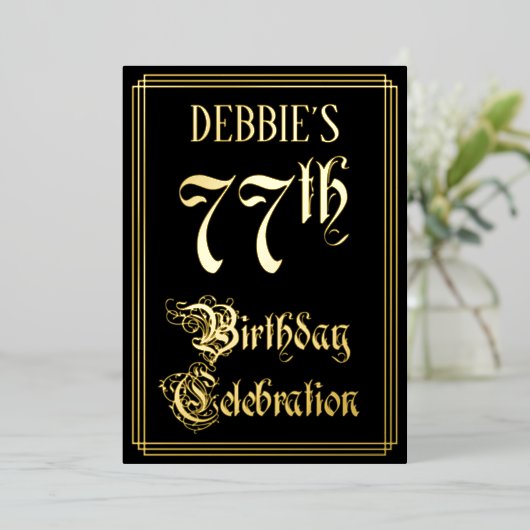 77th Birthday Party – スクリプファンシートと名前をカスタムする 箔招待状 (立ち正面)