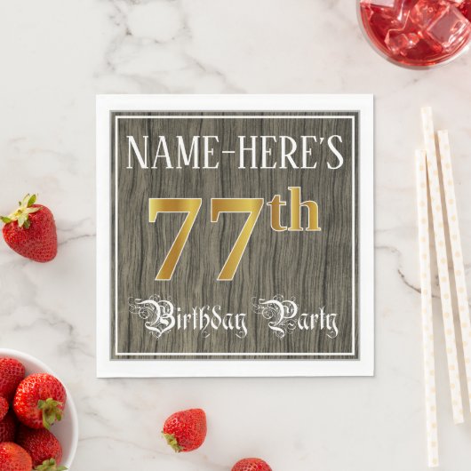 77th Birthday Party — フェイク金ゴールド&ウッドフェイク・ルックス スタンダードランチョンナプキン (インサイチュ)