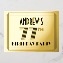 77th Birthday Party ~ Art Deco Style “77” + Name 箔招待状ポストカード