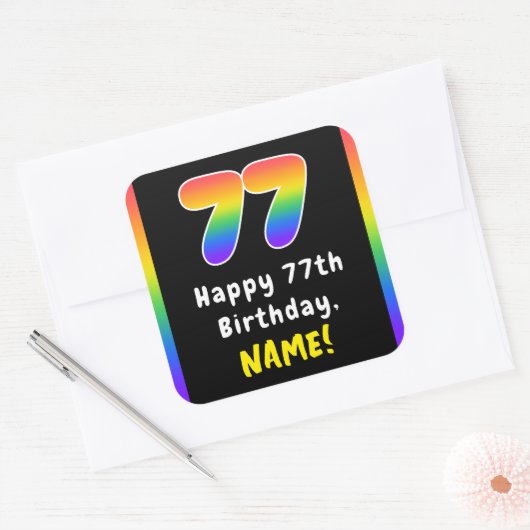 77th Birthday: Rainbow Spectrum # 77, Custom Name スクエアシール (封筒)