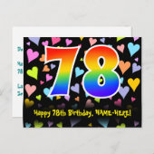 78歳の誕生日おめでとう:楽しいハート柄、虹色の78 ポストカード (正面/裏面)