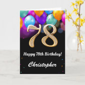 78誕生日の黒と金ゴールドカラフル風船 カード (黄色い花)