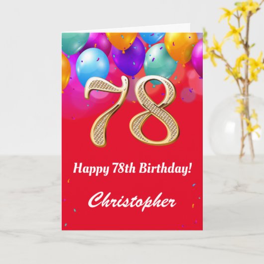 78誕生日赤と金ゴールド吹きカラフル出 カード (黄色い花)