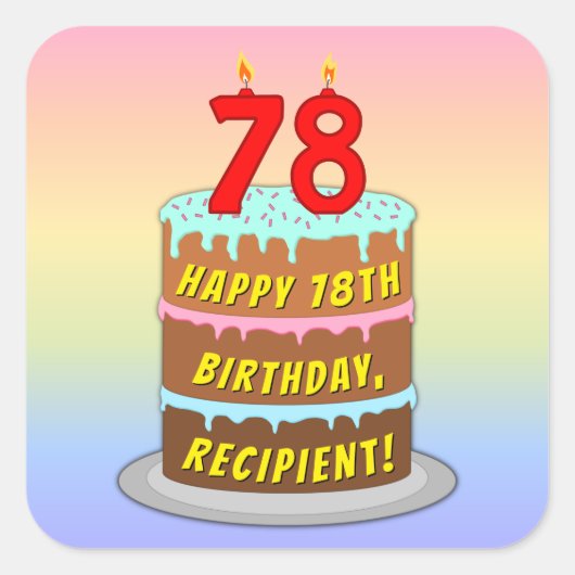 78誕生日:おもしろいケーキとキャンドル+名前をカスタムする スクエアシール (正面)