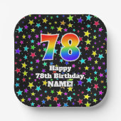 78誕生日:おもしろいスター柄と虹"78" ペーパープレート (正面)