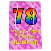 78誕生日:おもしろいピンクハートストライプ、虹78 ミディアムペーパーバッグ (正面)