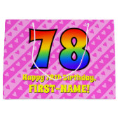 78誕生日：ピンクストライプのハート、レインボー# 78 ラージペーパーバッグ (正面)