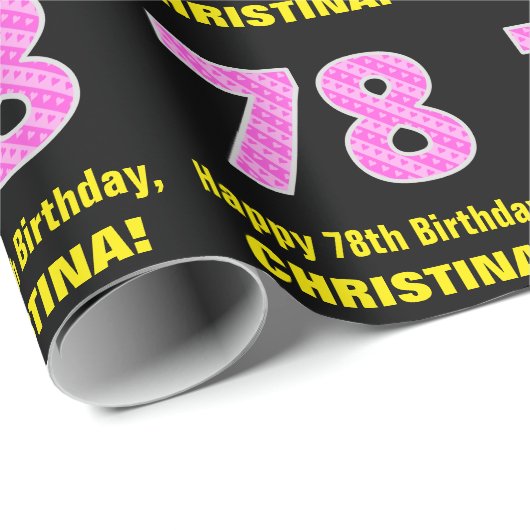 78誕生日：ピンクストライプ色のハートと"78" +名前 ラッピングペーパー (ロールコーナー)