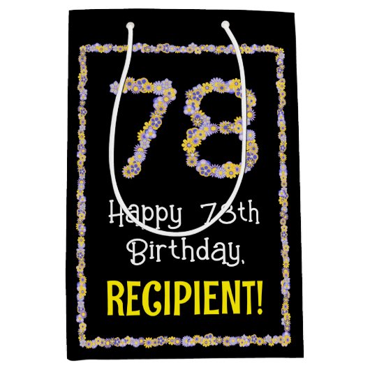 78誕生日:フローラ花数名前をカスタムする ミディアムペーパーバッグ (正面)