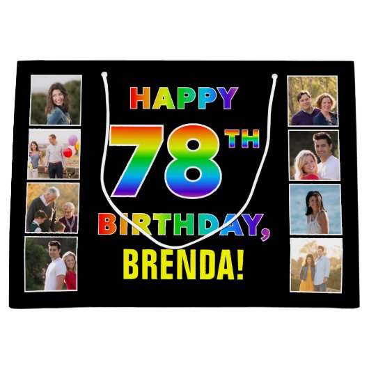 78誕生日:レインボー文字カスタム、写真&名前 ラージペーパーバッグ (正面)