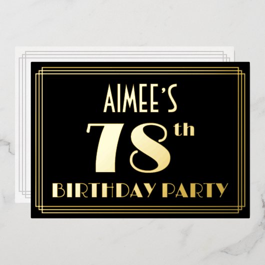78th誕生日パーティー：アールデコを見る"78"、名前と 箔招待状 (正面/裏面)