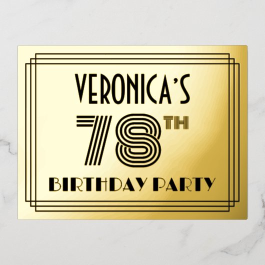 78th誕生日パーティー~アールデコスタイル"78" +名前 箔招待状ポストカード (正面)