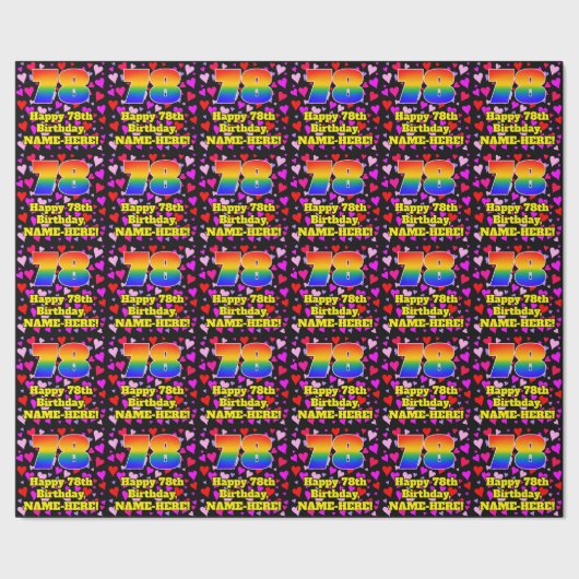 78th Birthday: Loving Hearts Pattern, Rainbow # 78 ラッピングペーパー (シーム)