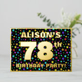 78th Birthday Party —おもしろい、スターカラフルズ・パターン 箔招待状 (立ち正面)