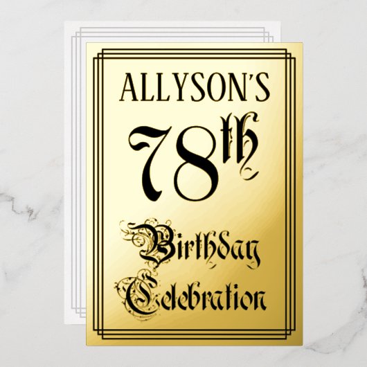 78th Birthday Party – スクリプエレガントト+名前をカスタムする 箔招待状 (正面/裏面)