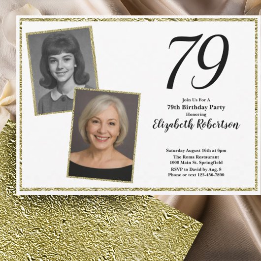 79歳の誕生日フォトギフト 白とゴールド 招待状