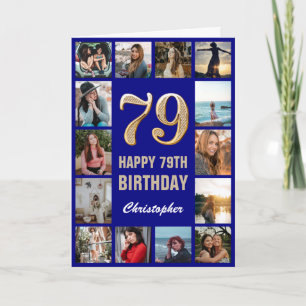 79歳の誕生日 ネイビーブルーとゴールドのフォトコラージュ カード