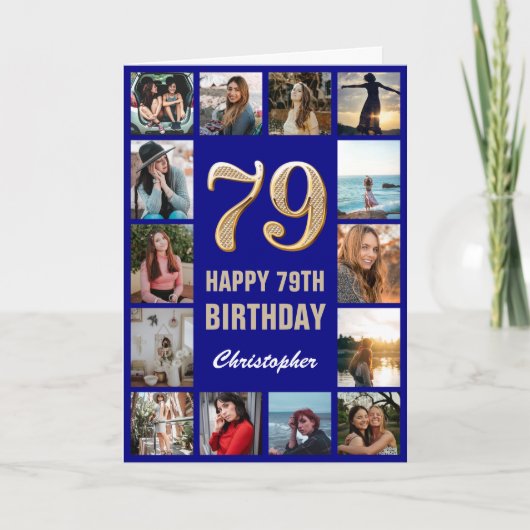 79歳の誕生日 ネイビーブルーとゴールドのフォトコラージュ カード (正面)
