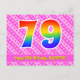 79歳の誕生日:ピンクのストライプとハート、虹色の79 ポストカード