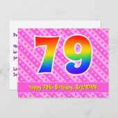 79歳の誕生日：ピンクのストライプとハート、虹色の79 ポストカード (正面/裏面)