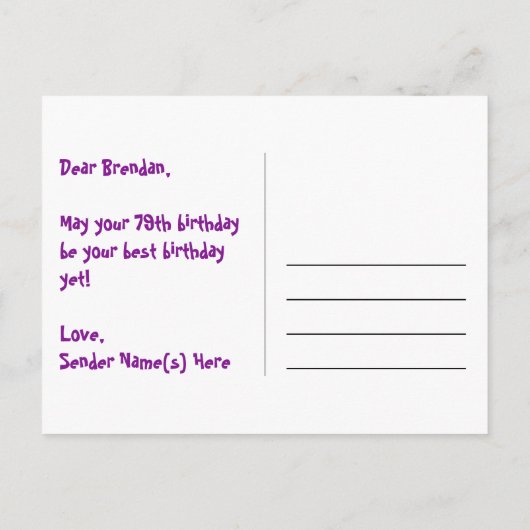 79歳の誕生日:ピンクのストライプとハート、虹色の79 ポストカード (裏面)